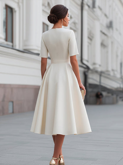 Front Zip Short Sleeve A-Line Midi Dress