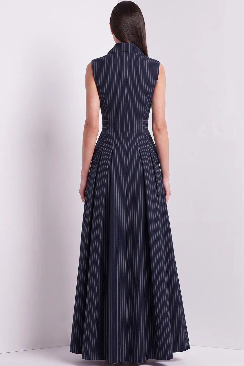 Pinstripe Double-Breasted Sleeveless Maxi Dress