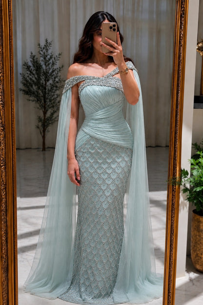 Ruched Beaded Mermaid Gown with Cape Sleeves