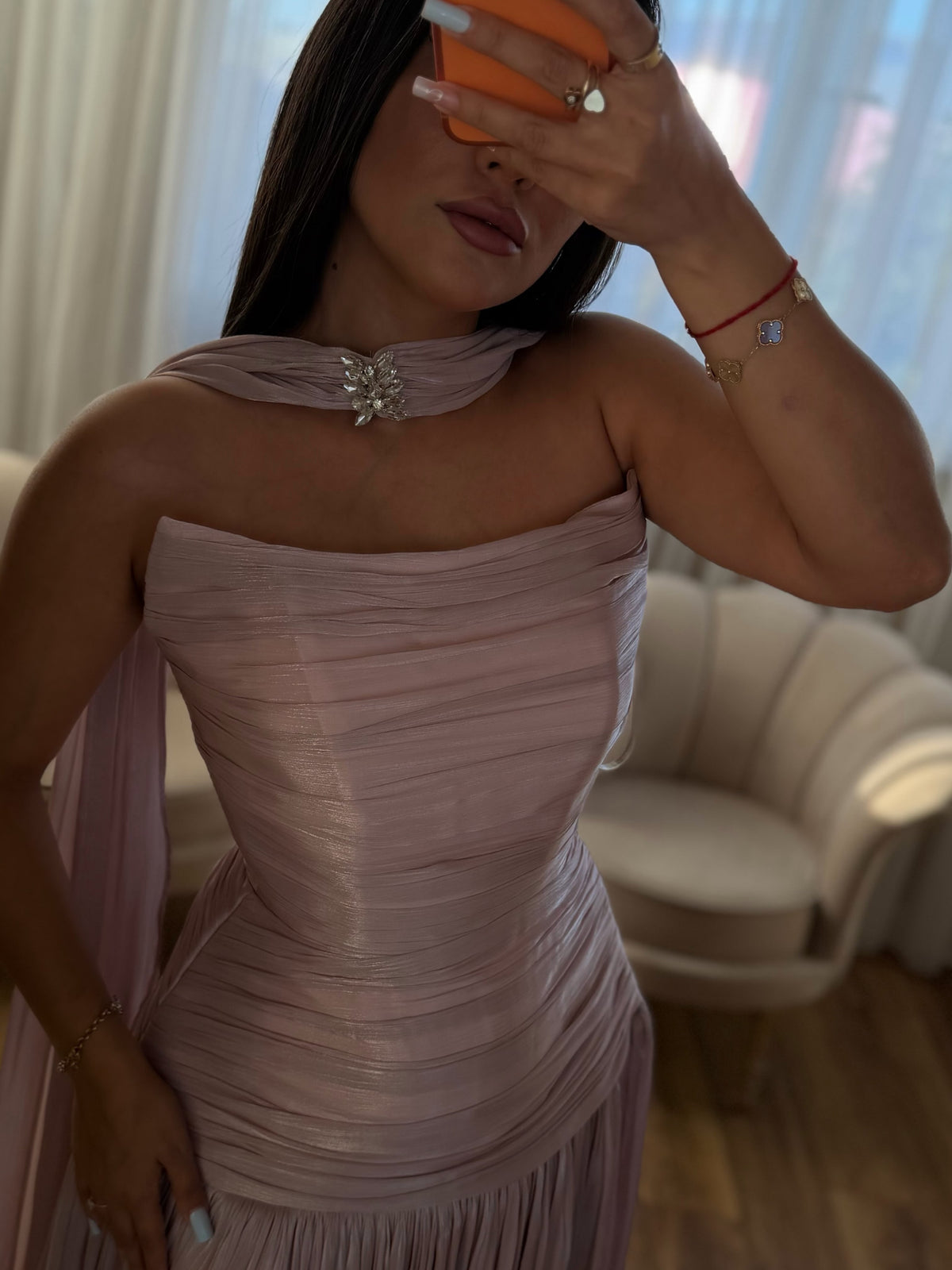 Strapless Ruched Gown with Choker Scarf