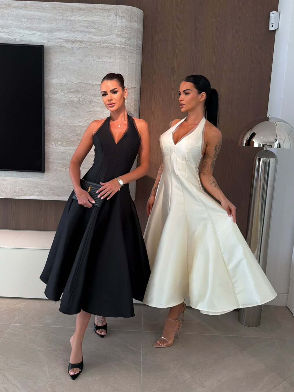 Halter V-Neck Satin A-Line Midi Dress