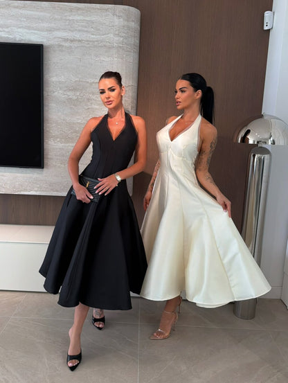 Halter V-Neck Satin A-Line Midi Dress