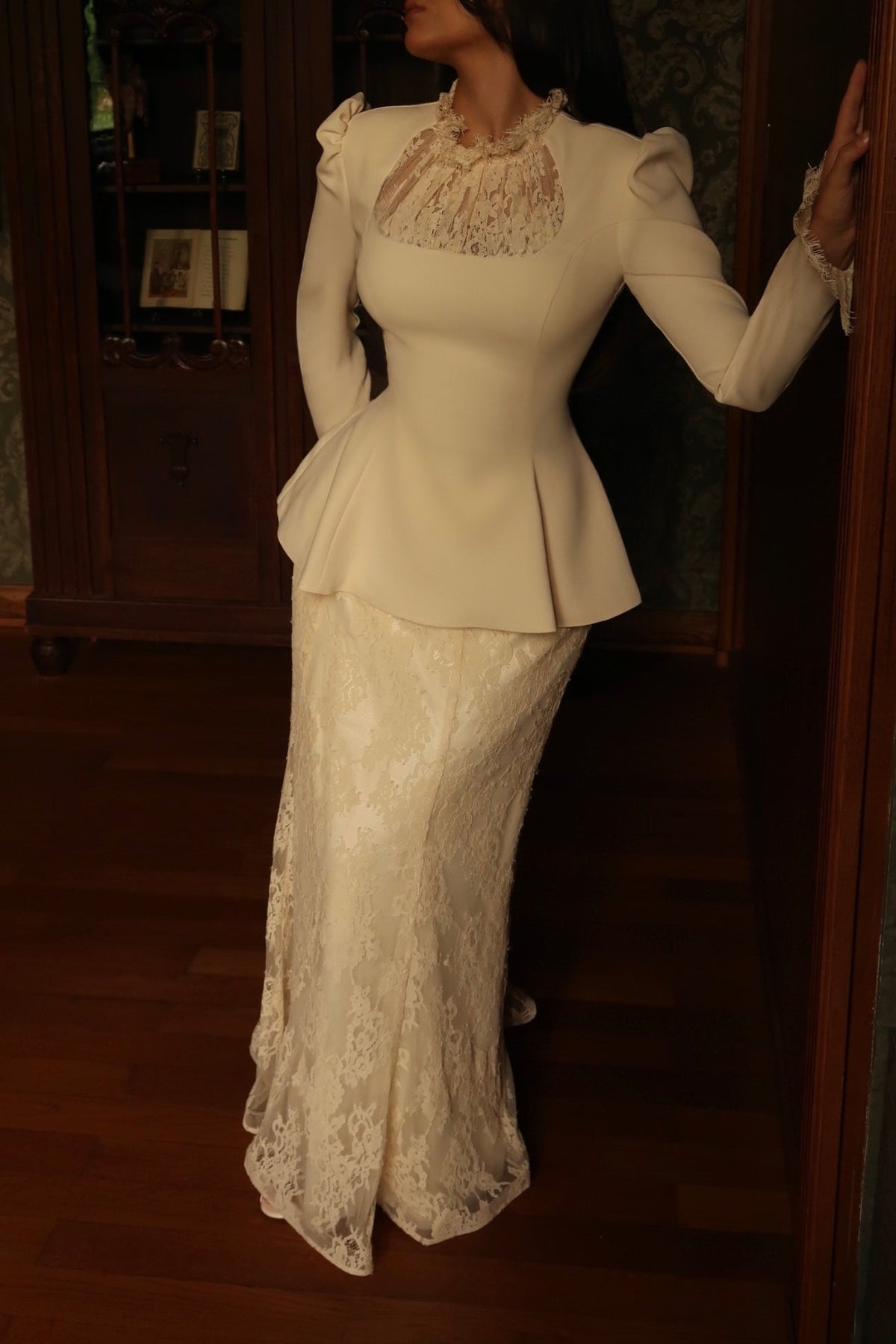 Peplum Long Sleeve Lace Maxi Dress