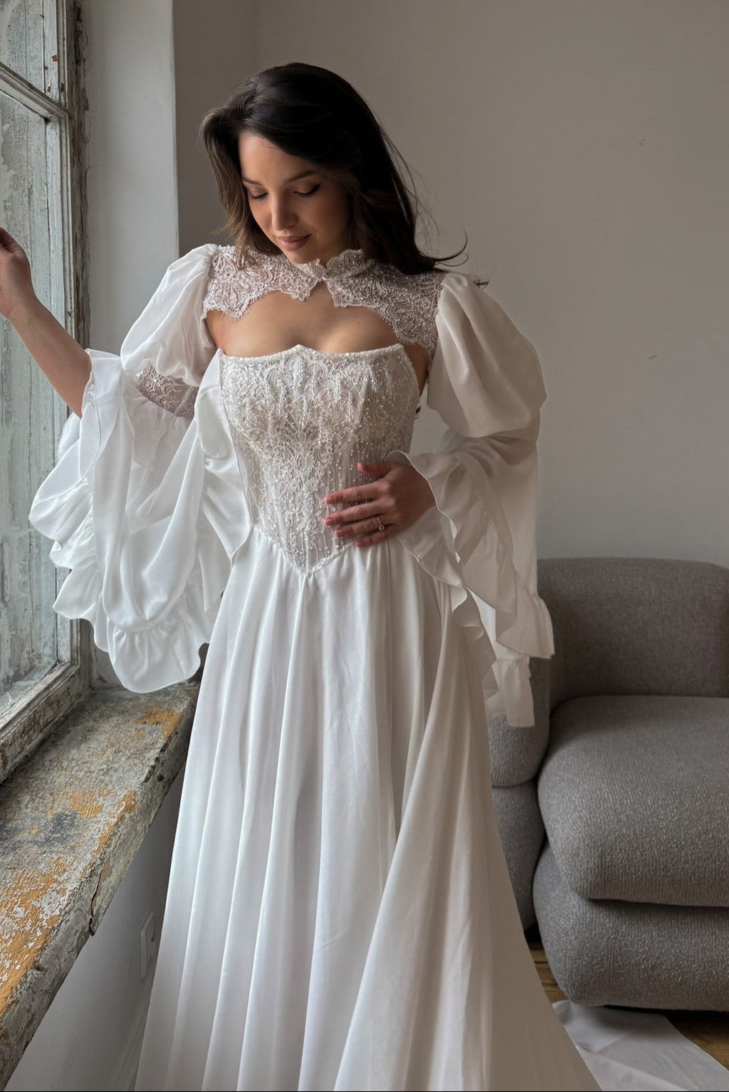Lace Corset Wedding Dress with Bell Sleeves