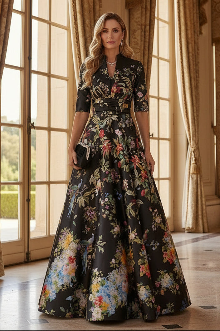 Floral Print A-Line Gown with High Neck & 3/4 Sleeves