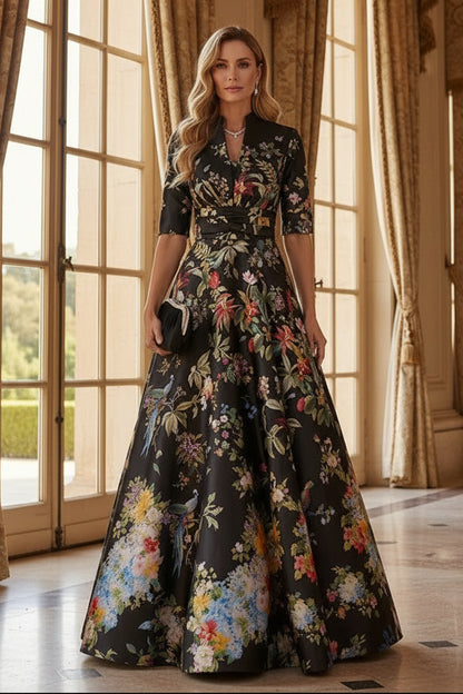 Floral Print A-Line Gown with High Neck & 3/4 Sleeves