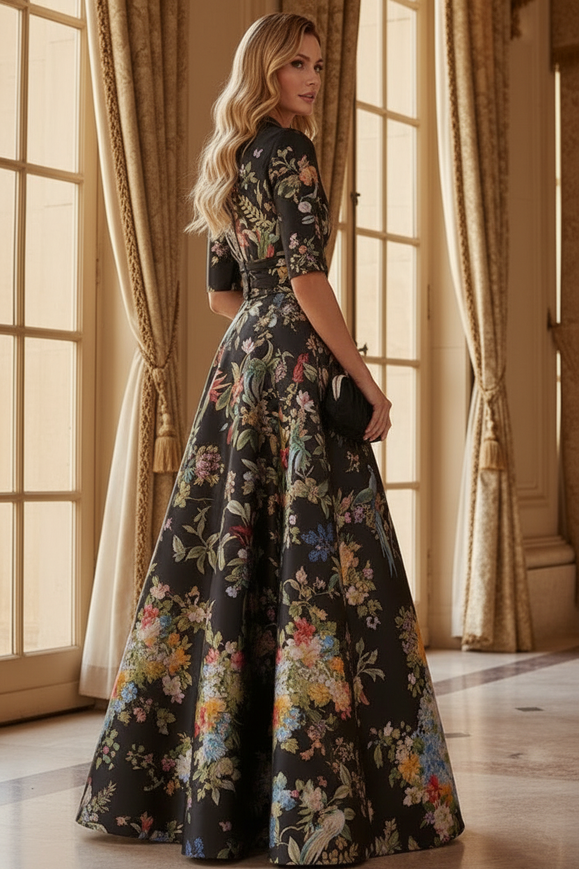 Floral Print A-Line Gown with High Neck & 3/4 Sleeves