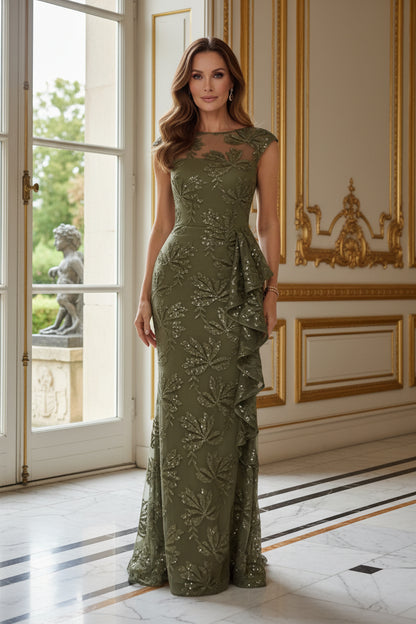 Sequined Illusion Bateau Gown with Cascading Ruffle