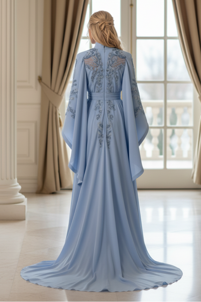 Embroidered Cape Sleeve Kaftan Evening Gown