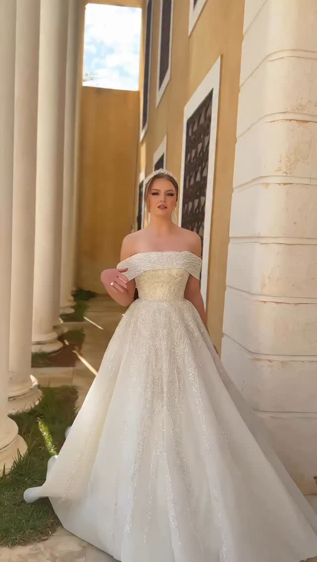 Off-The-Shoulder Beaded Ball Gown Wedding Dress