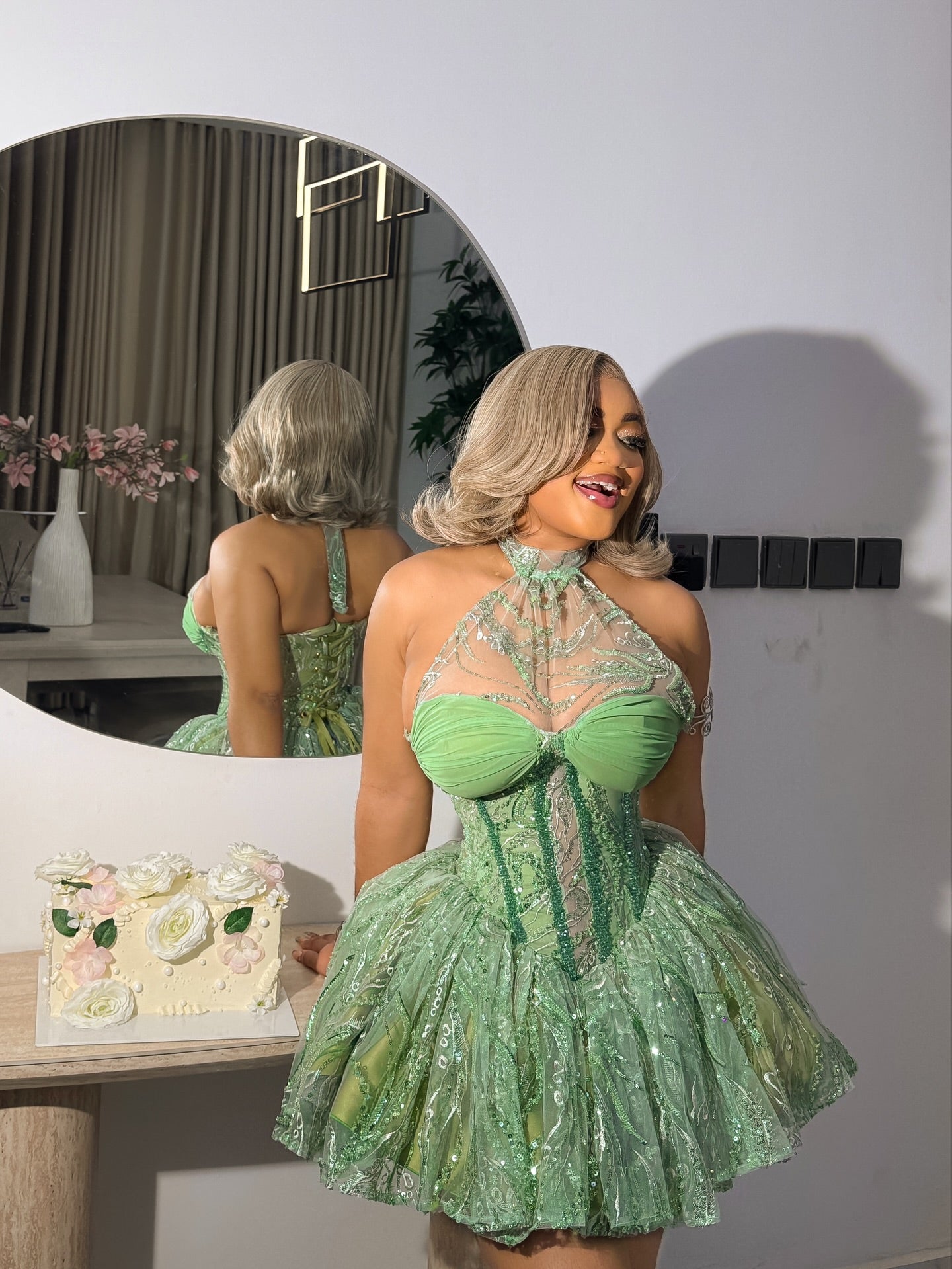 Halter Neck Corset Mini Dress with Voluminous Skirt