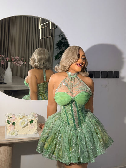 Halter Neck Corset Mini Dress with Voluminous Skirt