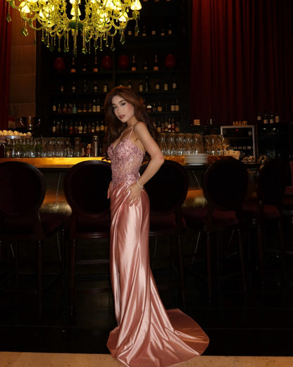 Lace Corset Satin High Slit Evening Gown