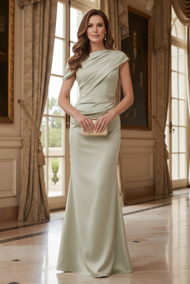 One-Shoulder Sheath Evening Gown, Pleated Satin Drape