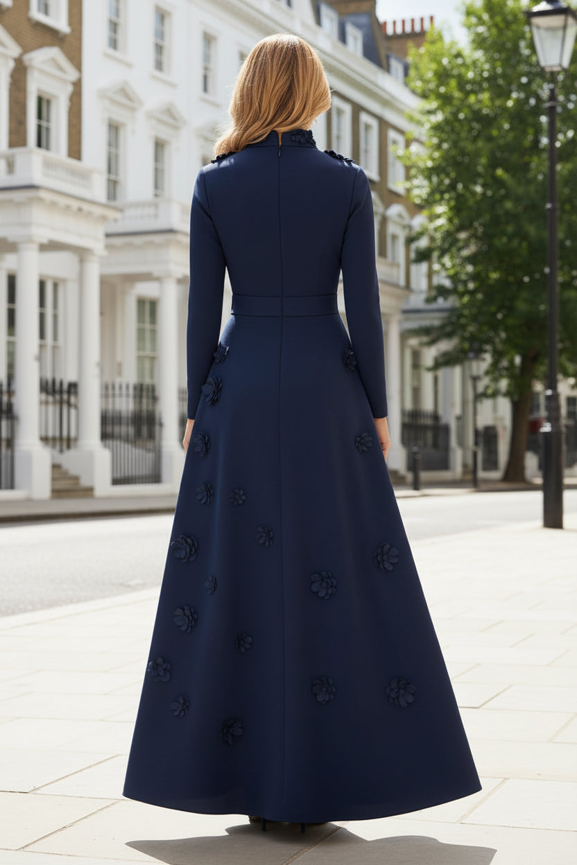 Long Sleeve Floral Applique A-Line Formal Gown