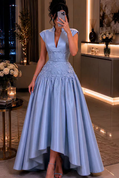 High-Low Satin Gown with Floral Appliques
