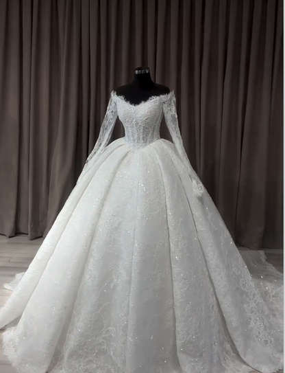 Off-Shoulder Lace Ball Gown Wedding Dress