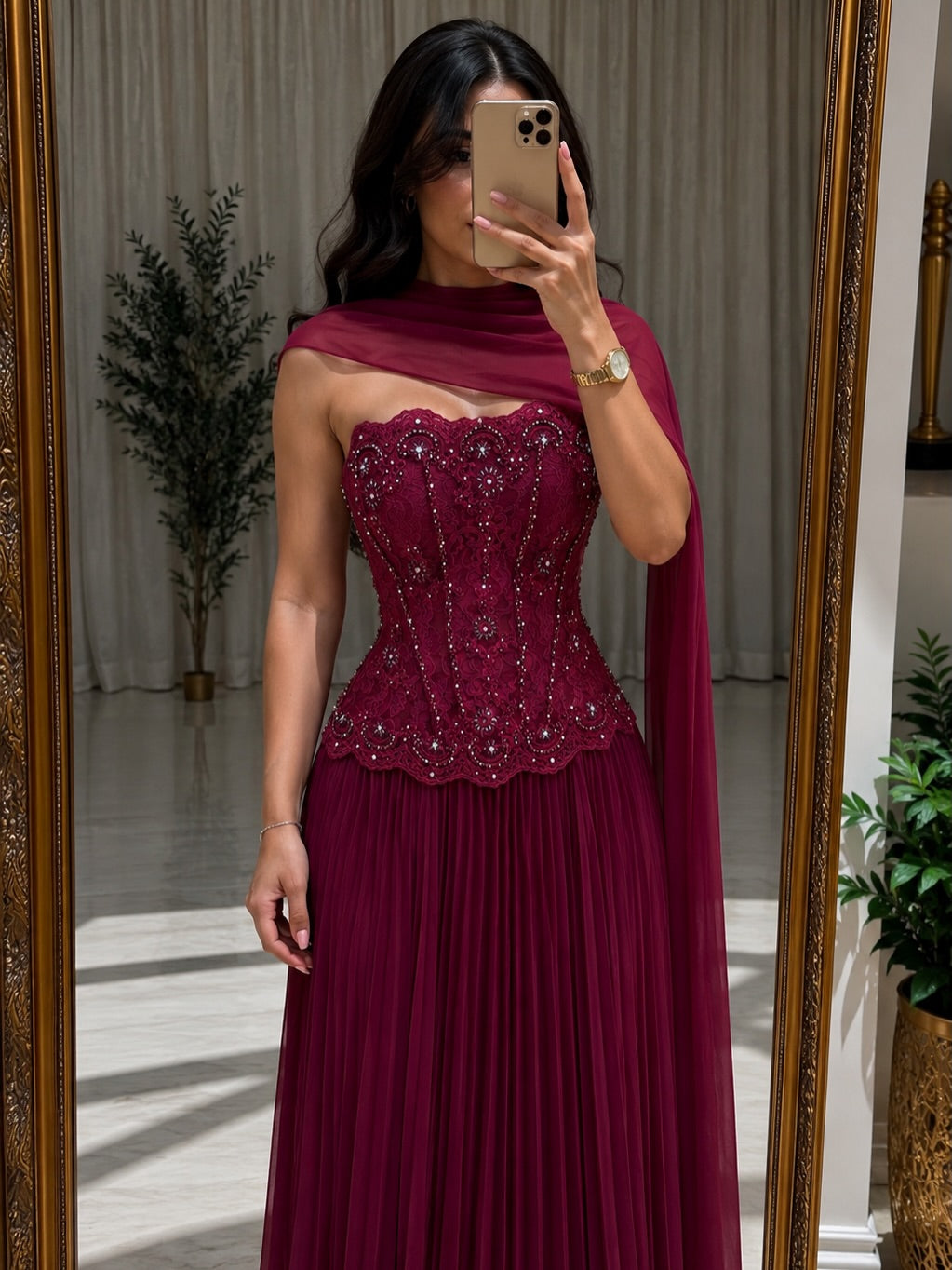 Strapless Beaded Corset Pleated Gown