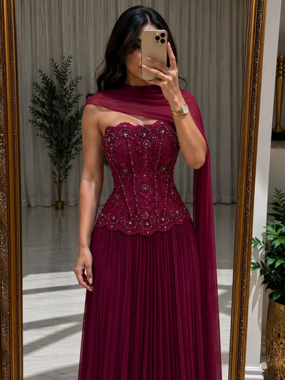 Strapless Beaded Corset Pleated Gown