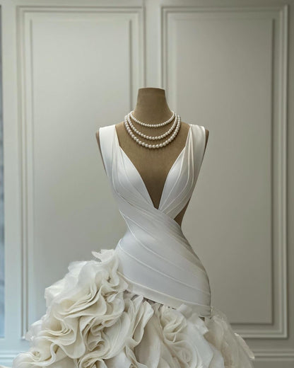 Deep V-Neck Pleated Bodice Ruffle Skirt Wedding Dress