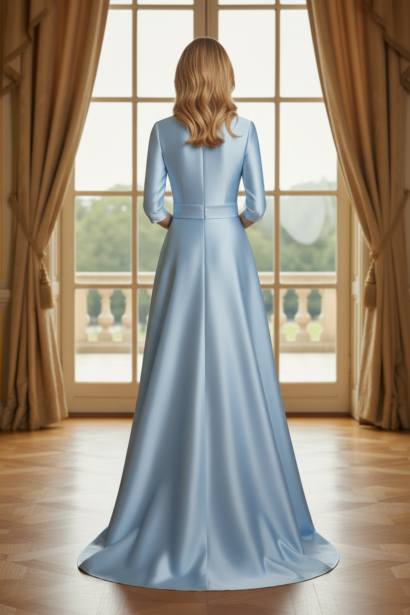 A-Line Satin Evening Gown with 3/4 Sleeves