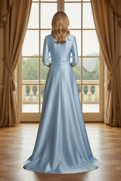 A-Line Satin Evening Gown with 3/4 Sleeves