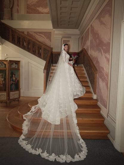 Long Sleeve Lace Ball Gown with Cathedral Train