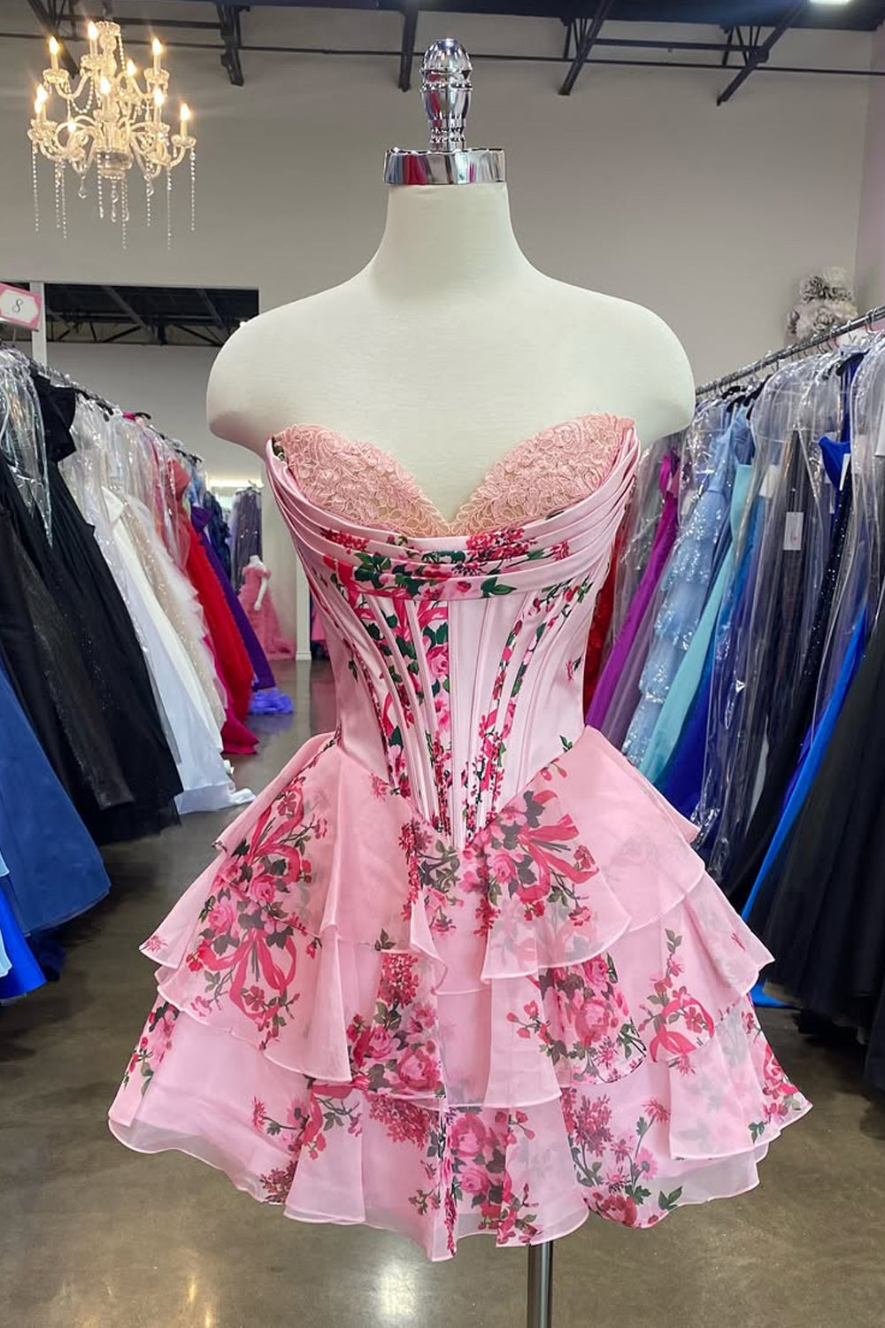 Strapless Corset Floral Print Tiered Homecoming Dress