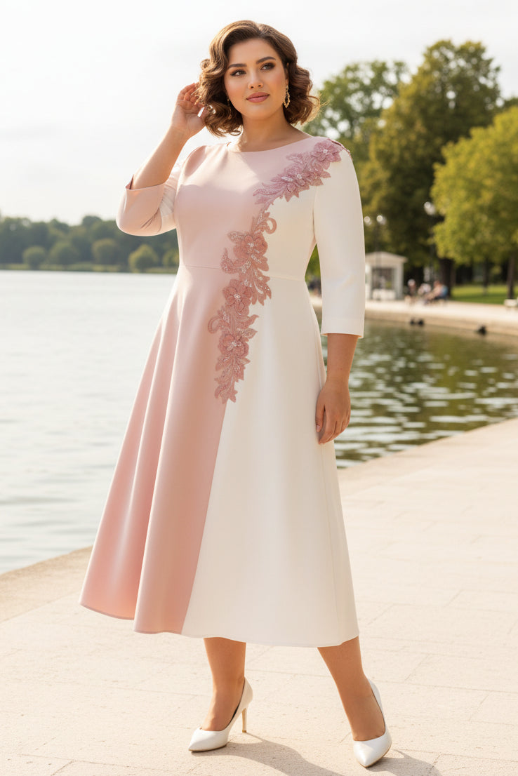Two-Tone Pink & Ivory Plus Size Mother of the Bride Dress with Floral Lace Appliqués
