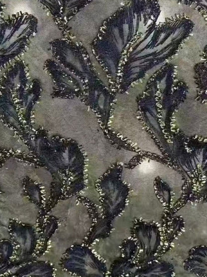 Sequin Leaf-Embroidered V-Neck Mesh Gown, 3/4 Sleeve