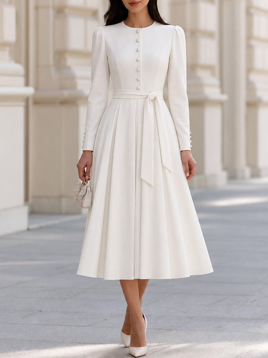 Pearl Button Belted Midi Dress with Long Sleeves