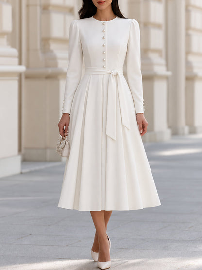 Pearl Button Belted Midi Dress with Long Sleeves