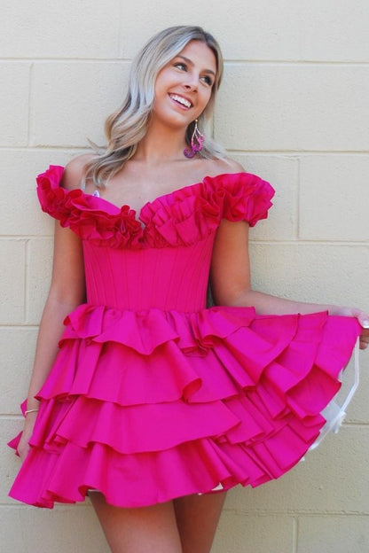 Off-the-Shoulder Corset Tiered Ruffle Mini Dress