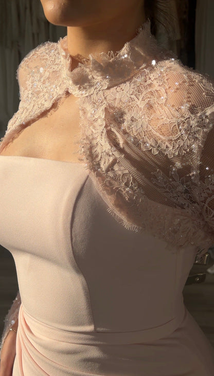 Ruched Column Gown with Sheer Lace Cape