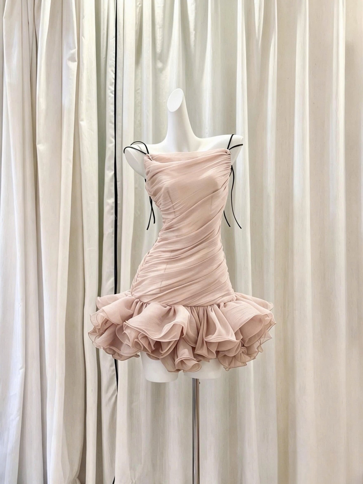 Ruched Spaghetti Strap Mini Dress with Ruffled Skirt