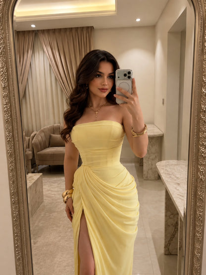 Strapless Draped Corset Gown with High Slit