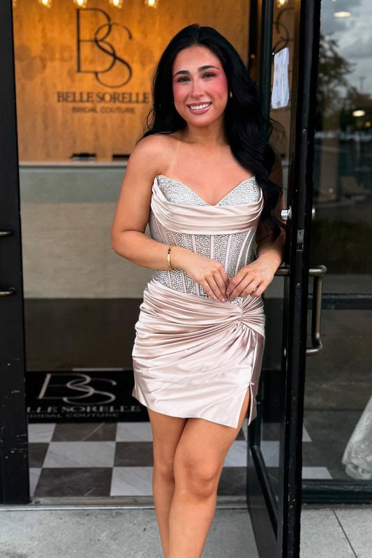 Strapless Rhinestone Corset Satin Mini Dress