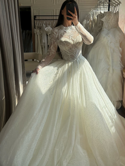 Long Sleeve High Neck Glitter Ball Gown Wedding Dress