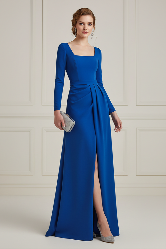 Square Neck Long Sleeve Crepe Gown