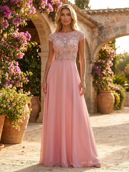 A-Line Chiffon Evening Gown with 3D Floral Bodice