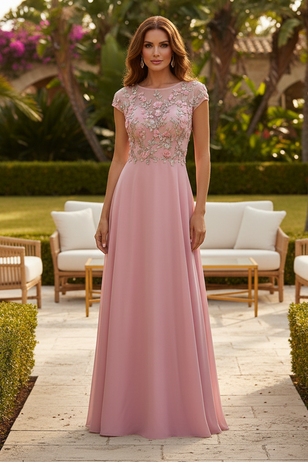 A-Line Chiffon Evening Gown with 3D Floral Bodice