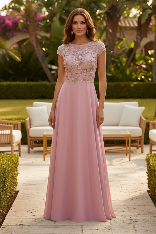 A-Line Chiffon Evening Gown with 3D Floral Bodice