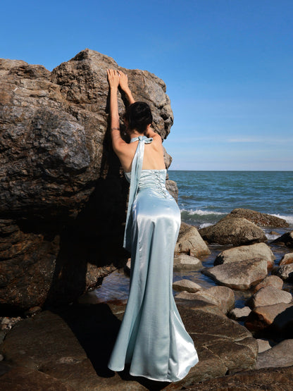 Halter Neck Satin Mermaid Evening Gown