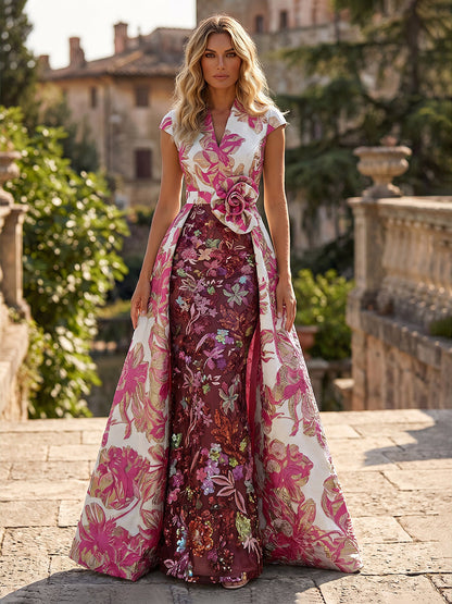 Jacquard Evening Gown with Embroidered Sheath Skirt