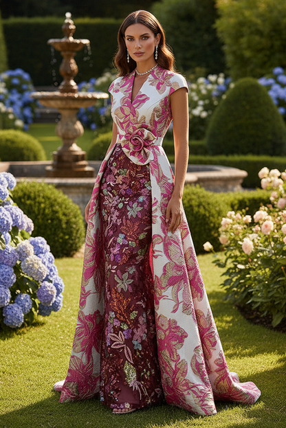 Jacquard Evening Gown with Embroidered Sheath Skirt