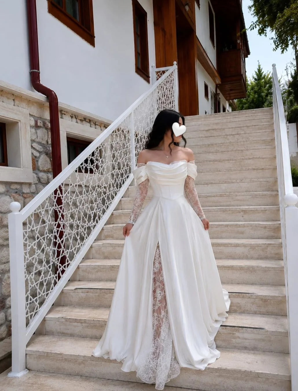Off-Shoulder Lace Sleeve Wedding Dress with Slit