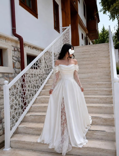 Off-Shoulder Lace Sleeve Wedding Dress with Slit