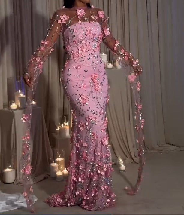 3D Floral Applique Mermaid Gown with Cape Sleeves