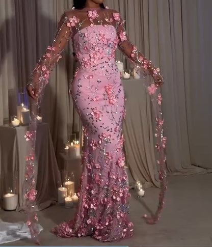 3D Floral Applique Mermaid Gown with Cape Sleeves