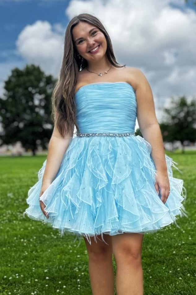 Strapless Ruched Tiered Ruffle Mini Dress